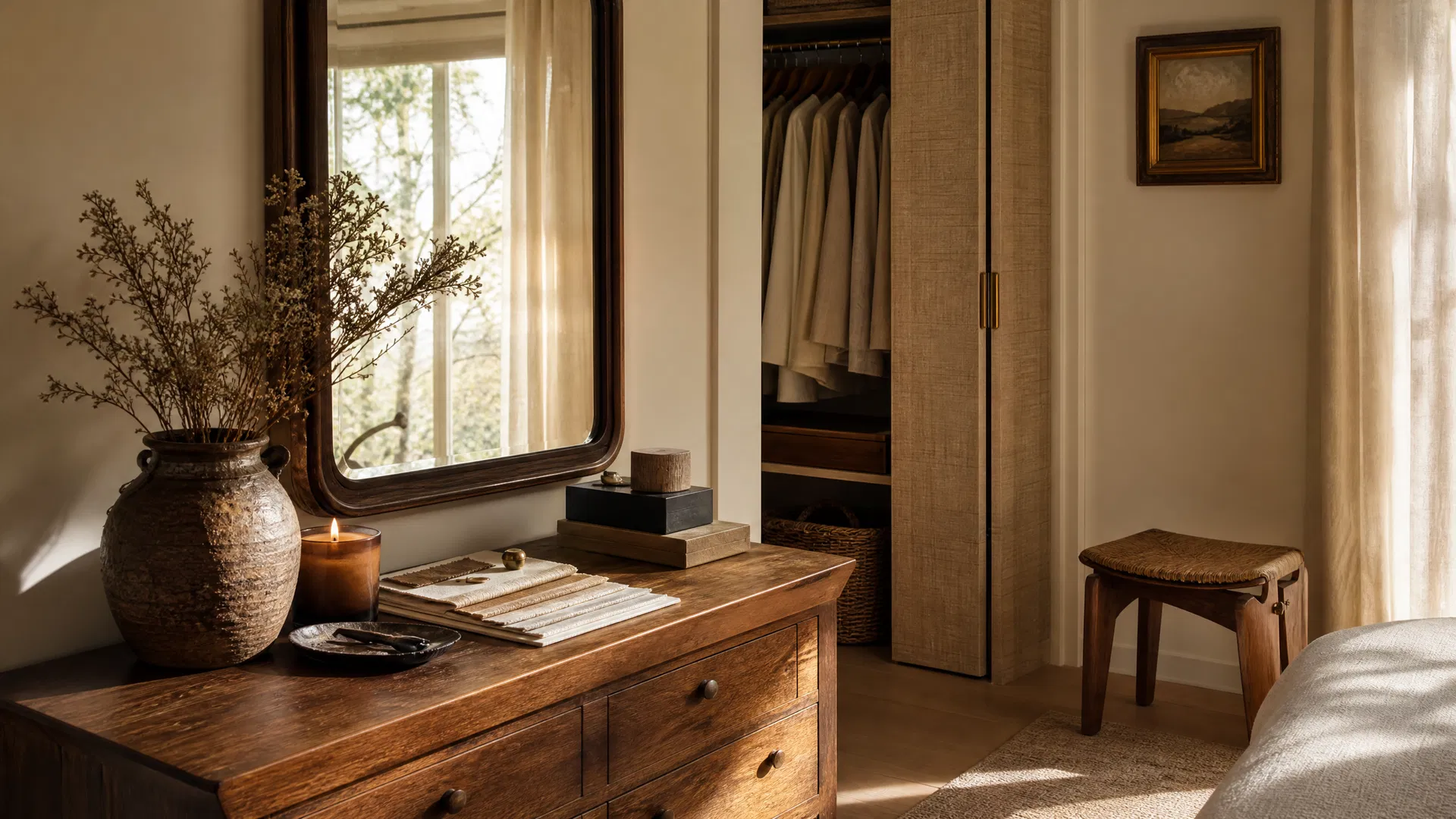 Warm bedroom interior with open wardrobe