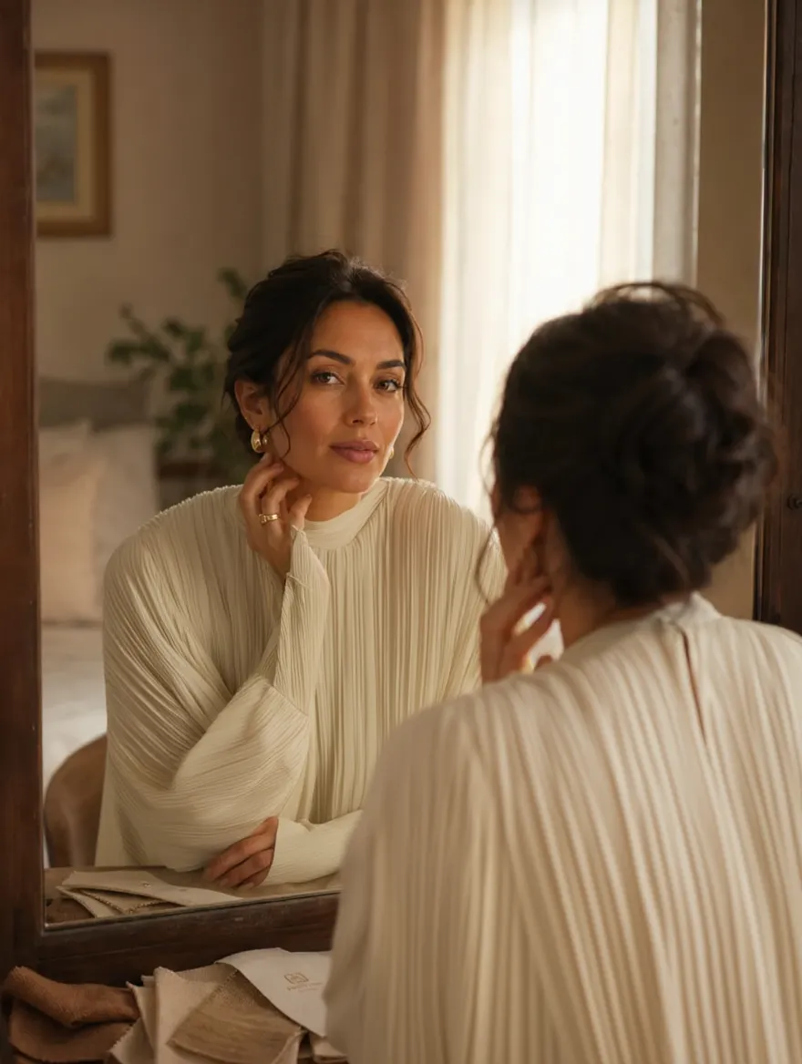 Woman looking in mirror with fabric swatches — trying to find her colours