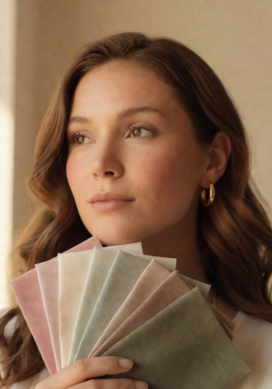 Woman holding seasonal fabric swatches, editorial portrait