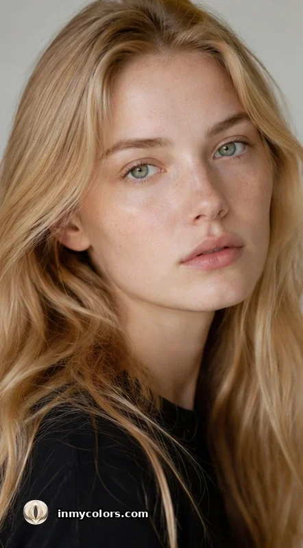 Light Spring colouring — fair warm skin, warm blonde hair and warm-tinted eyes