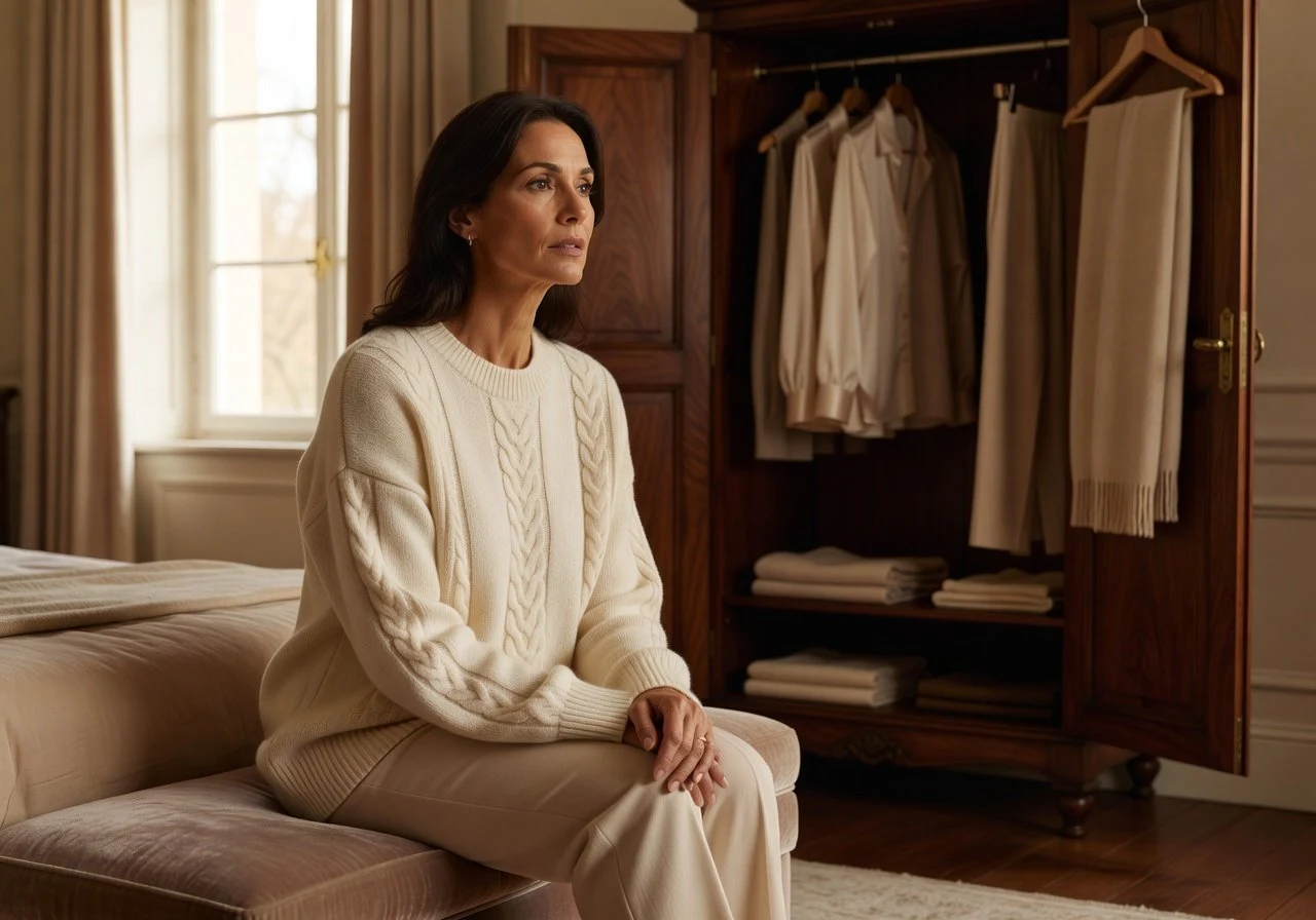 Woman sitting in front of an open wardrobe reviewing her clothes for colour season analysis