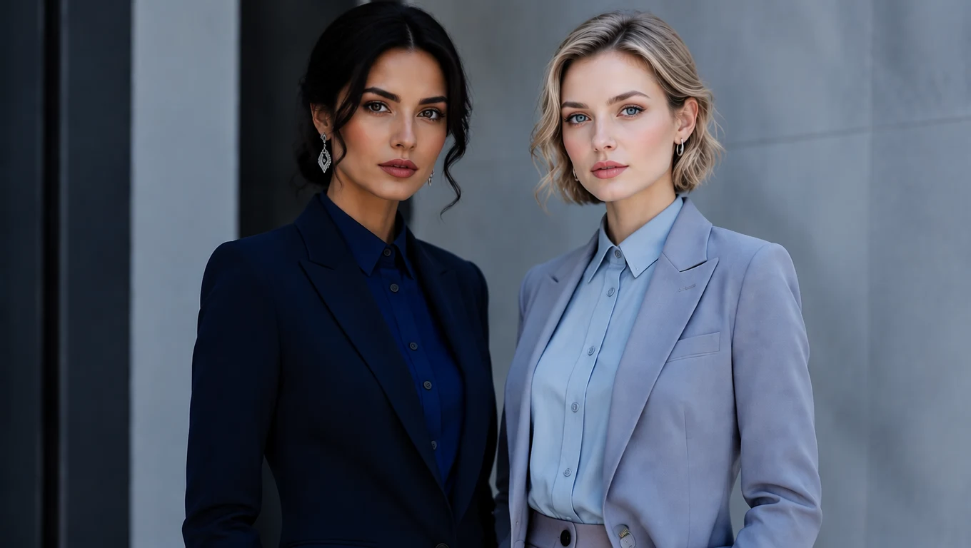 Two women representing cool seasons — a Winter type in deep navy and a Summer type in dusty grey-blue, showing the shared cool undertone between Summer and Winter