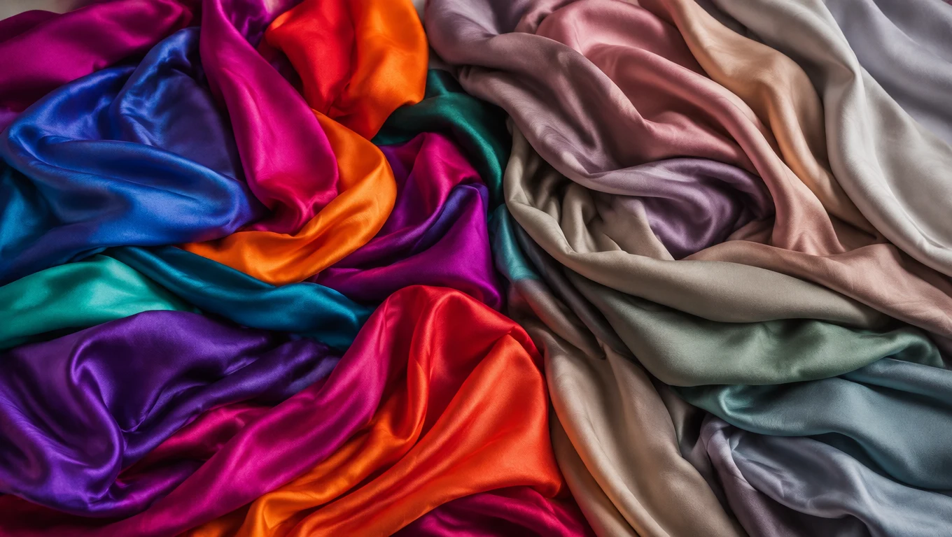 Vivid saturated fabrics versus muted dusty fabrics — high-chroma colours suit Winter seasons, soft greyed tones suit Summer seasons