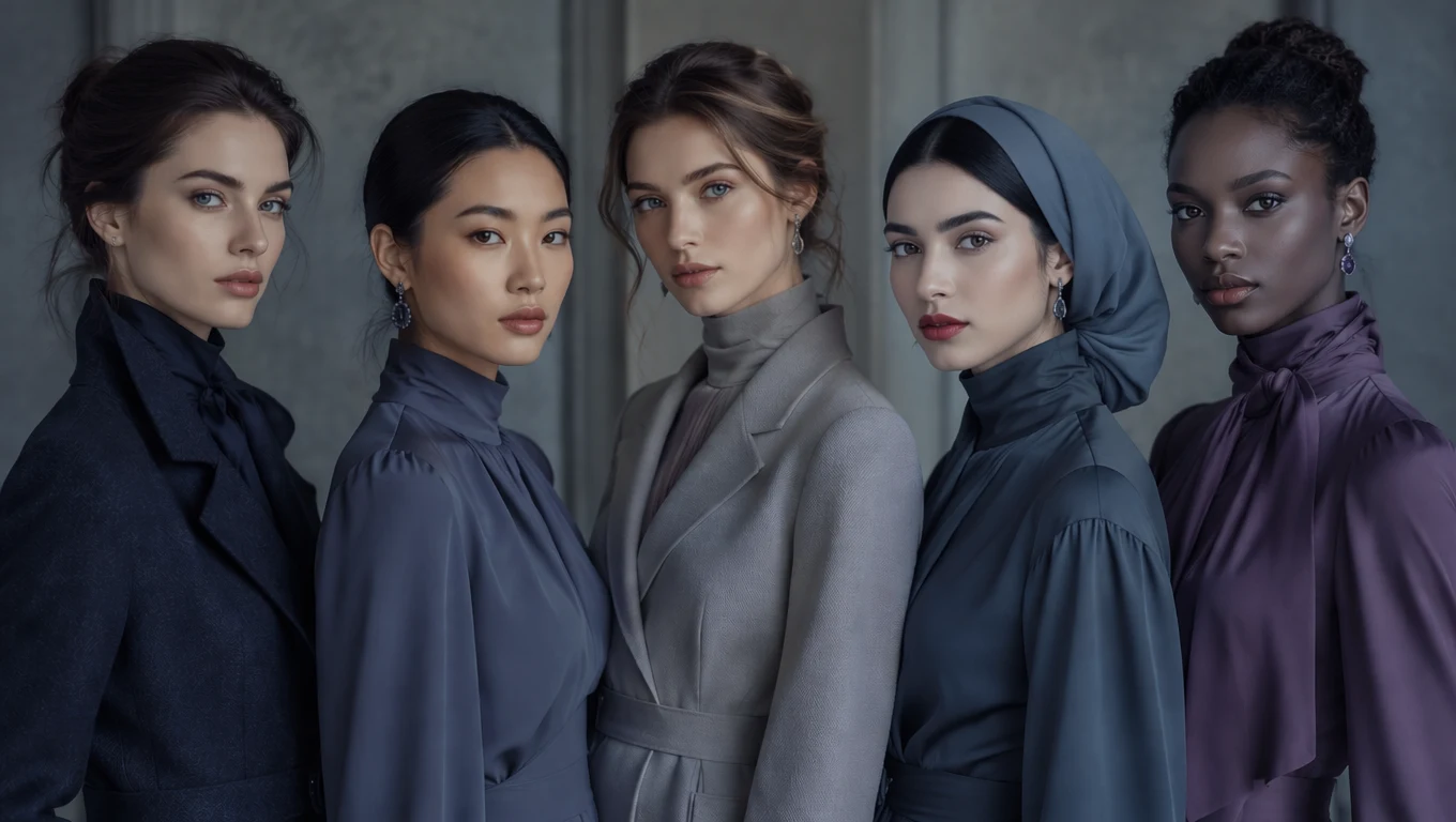 Five women with cool season colouring — Summer and Winter types wearing slate blue, navy, grey and dusty purple tones