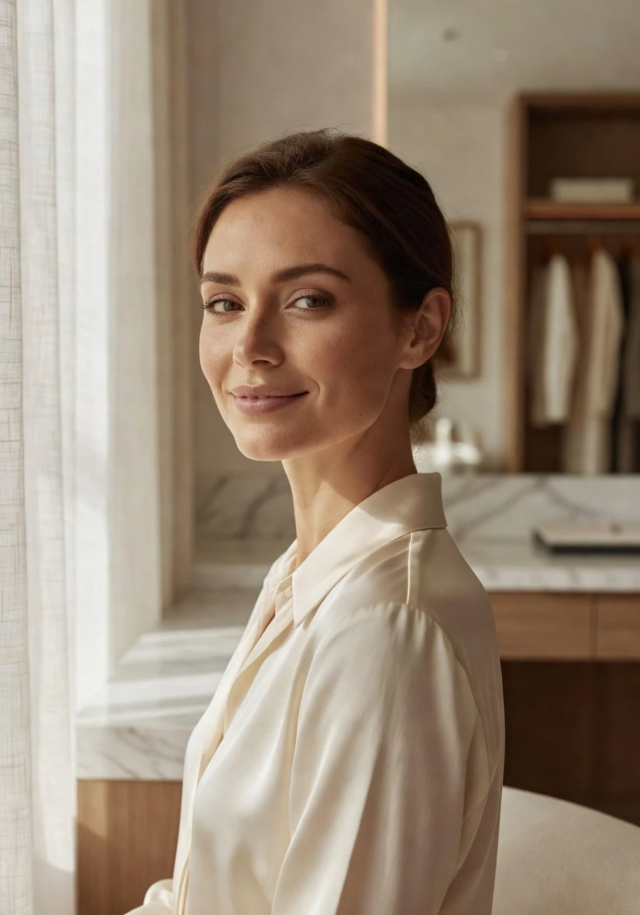 Woman with neutral undertone colouring — medium brown hair and balanced skin tone, sitting between warm and cool in the colour analysis spectrum