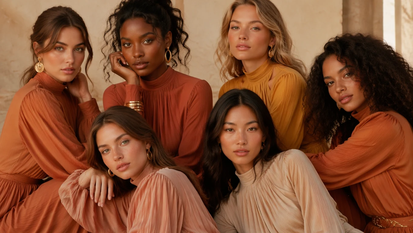 Six women with warm season colouring — Spring and Autumn types wearing earthy terracotta, rust, peach, golden yellow and blush tones