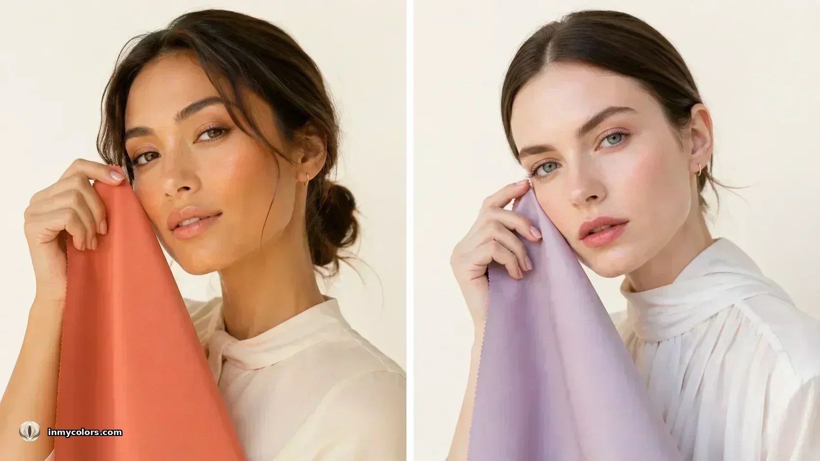 Warm vs cool draping test — coral fabric flatters warm seasons, dusty lavender flatters cool seasons