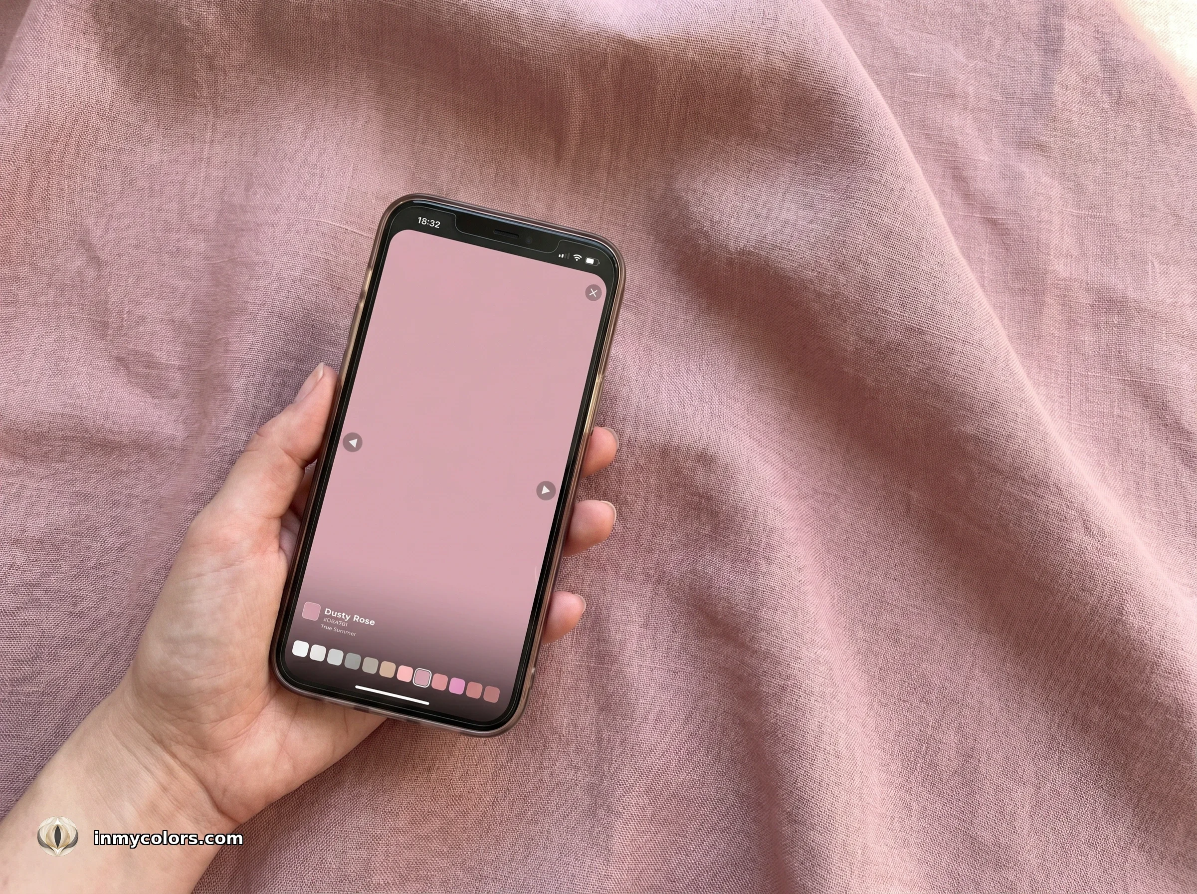 In My Colors Colour Matcher app held against a dusty rose fabric for a real-time colour comparison