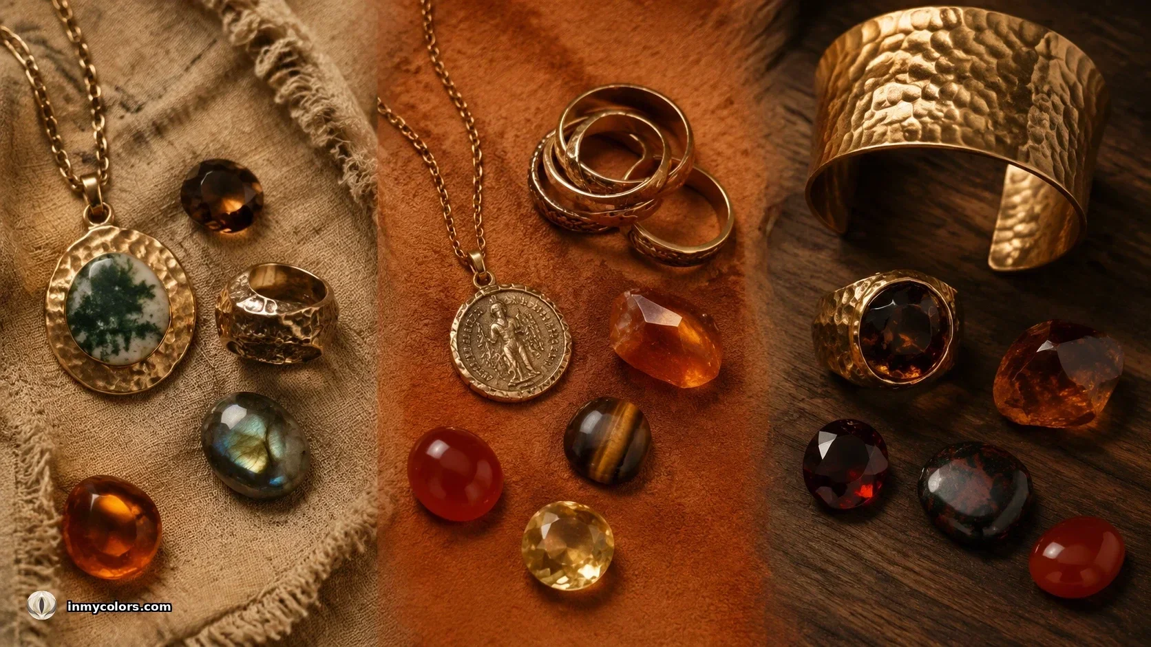 Autumn season jewellery flat-lay — hammered gold cuff, coin pendant, amber, carnelian, tiger's eye and citrine pieces on warm linen and rust fabric