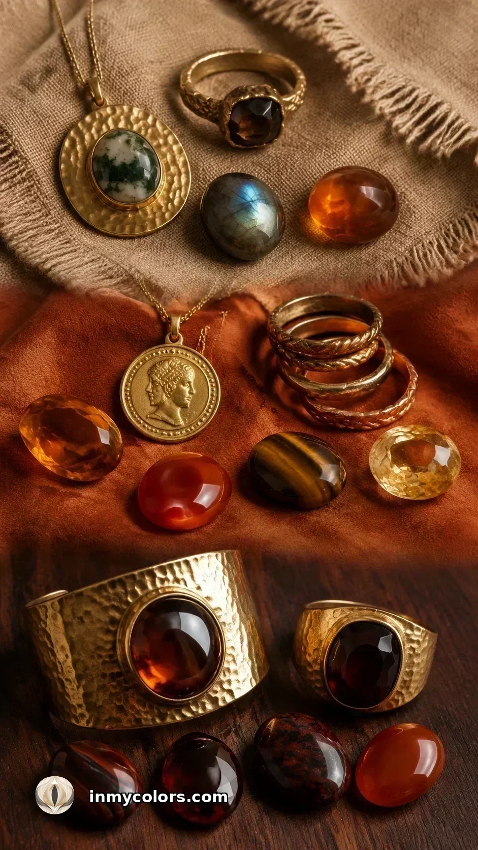 Autumn season jewellery guide with antique gold, copper, garnet, amber, tiger eye, and carnelian pieces for True, Soft, and Dark Autumn