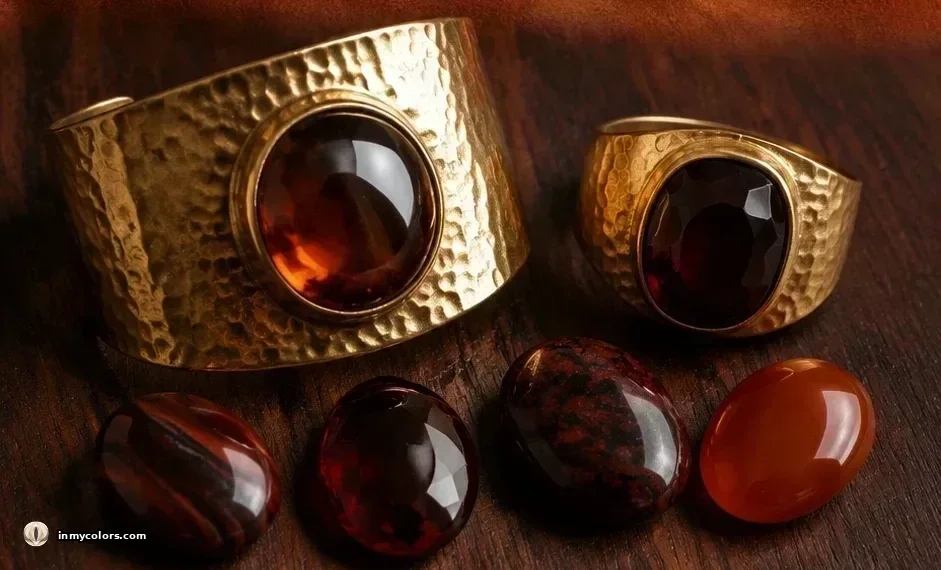 Dark Autumn jewellery — wide hammered gold cuff bracelet with deep garnet cabochon, matching hammered gold ring, loose dark red banded agate, deep dark garnet and mahogany obsidian on dark wood
