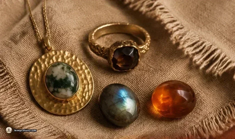 Soft Autumn jewellery — hammered gold disc pendant with moss agate stone, hammered gold ring with smoky quartz, loose warm-flash labradorite and honey amber on warm linen