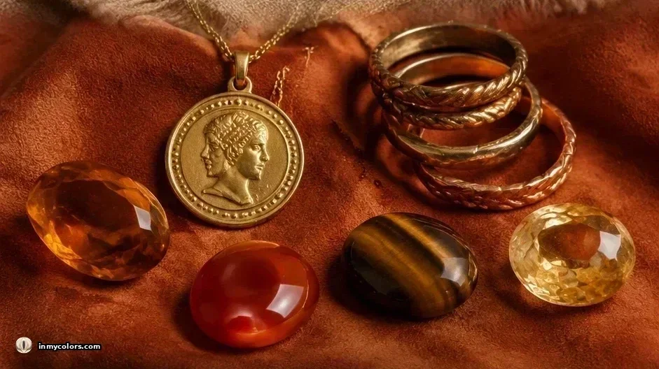 True Autumn jewellery — antique gold Roman coin pendant, stacked gold and copper rings, loose orange citrine, carnelian, tiger's eye and pale citrine on deep rust velvet