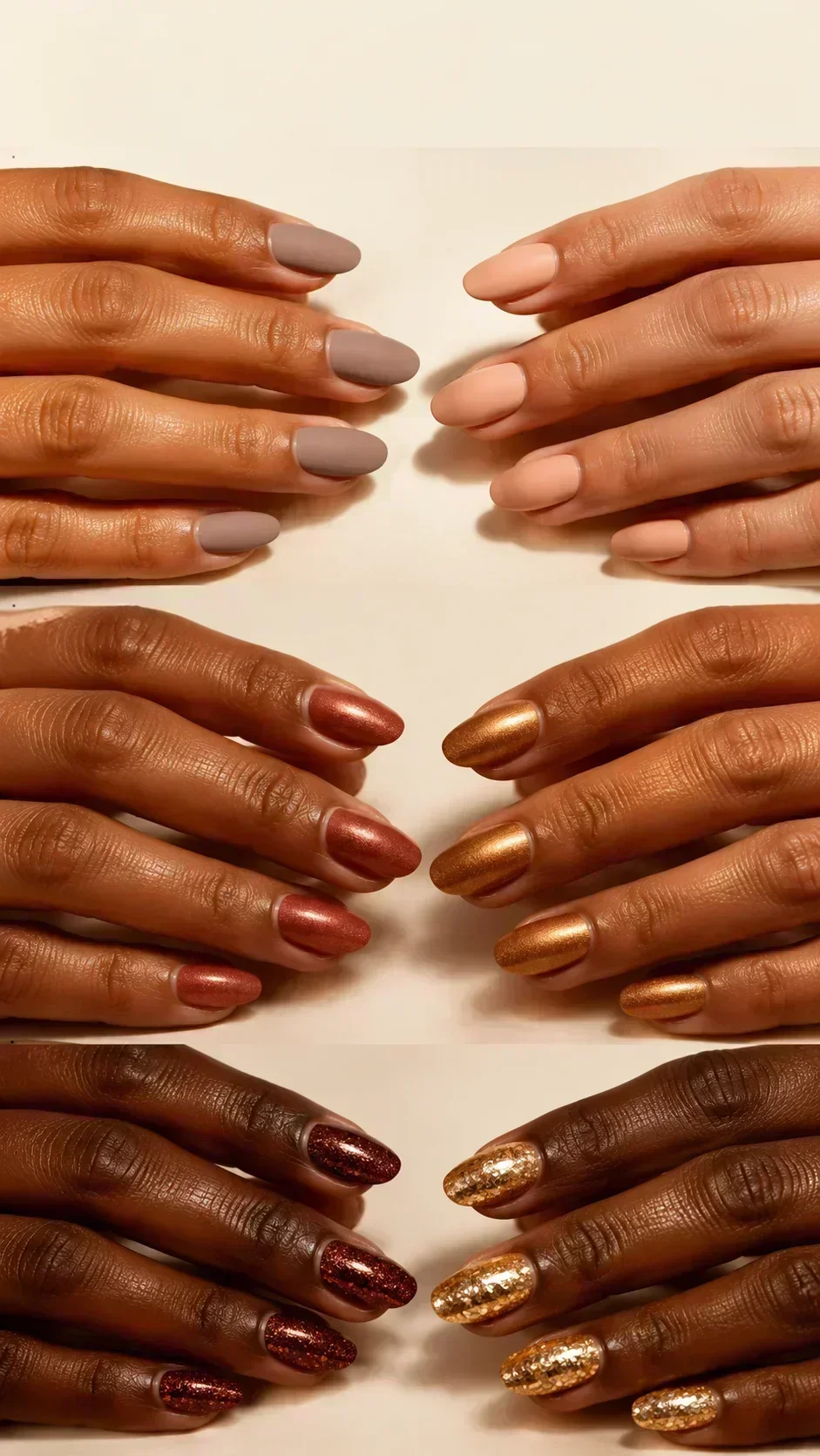 Autumn season nail colour palette with terracotta, cognac, rust, warm burgundy, and deep olive shades with matte finish for True, Soft, and Dark Autumn