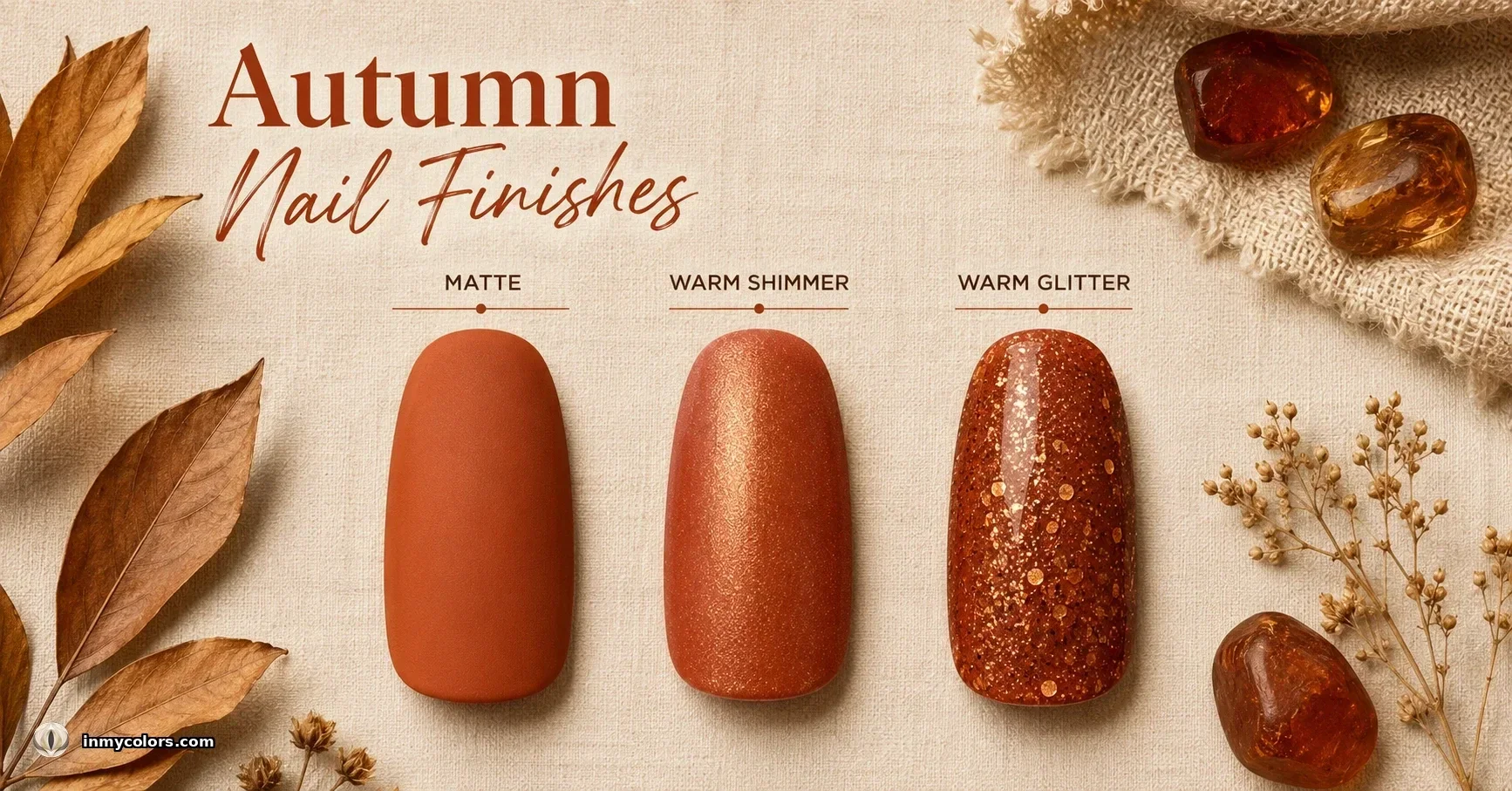 Autumn nail finishes guide — three terracotta nail swatches labeled Matte, Warm Shimmer and Warm Glitter on a warm linen background with dried leaves and amber stones