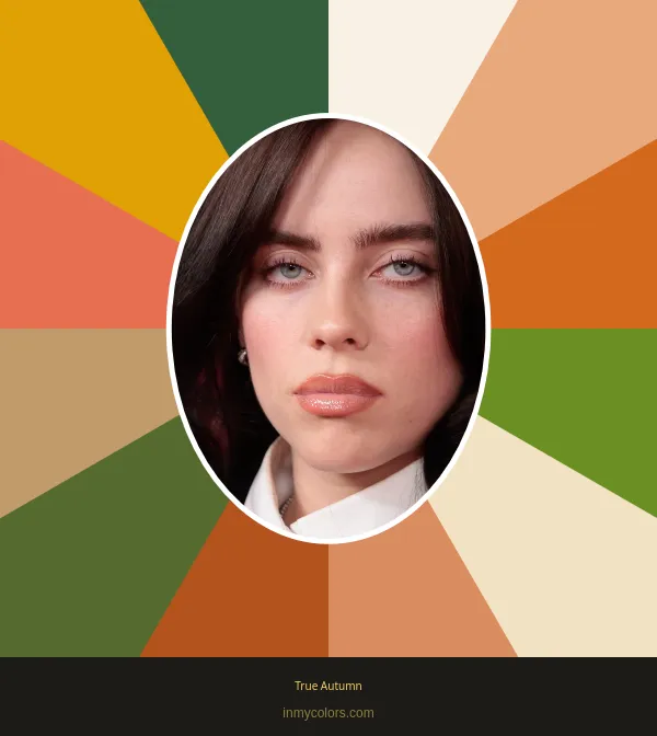 Billie Eilish against the True Autumn palette — warm, earthy, muted colours