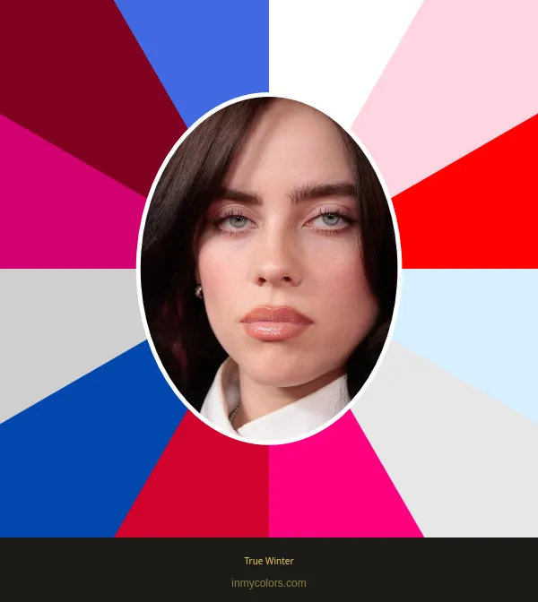 Billie Eilish against the True Winter palette — cool, vivid, high-contrast colours