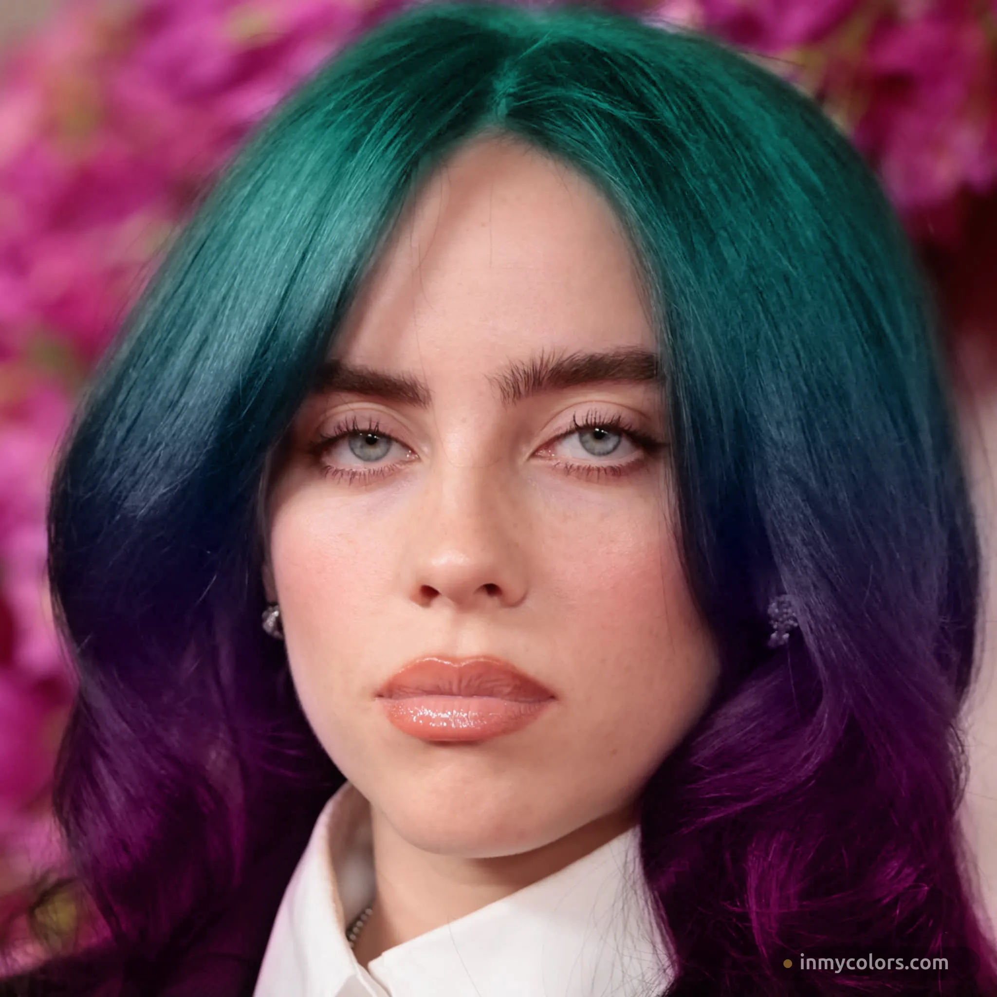 Billie Eilish with teal-to-purple cool ombre — her iconic fantasy era