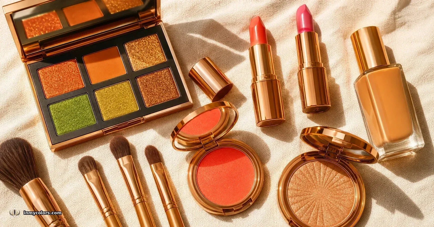 Bright Spring makeup flatlay — vivid copper-green eyeshadow palette, coral and fuchsia lipsticks, vivid coral blush, bronze highlighter, warm foundation, and gold brushes
