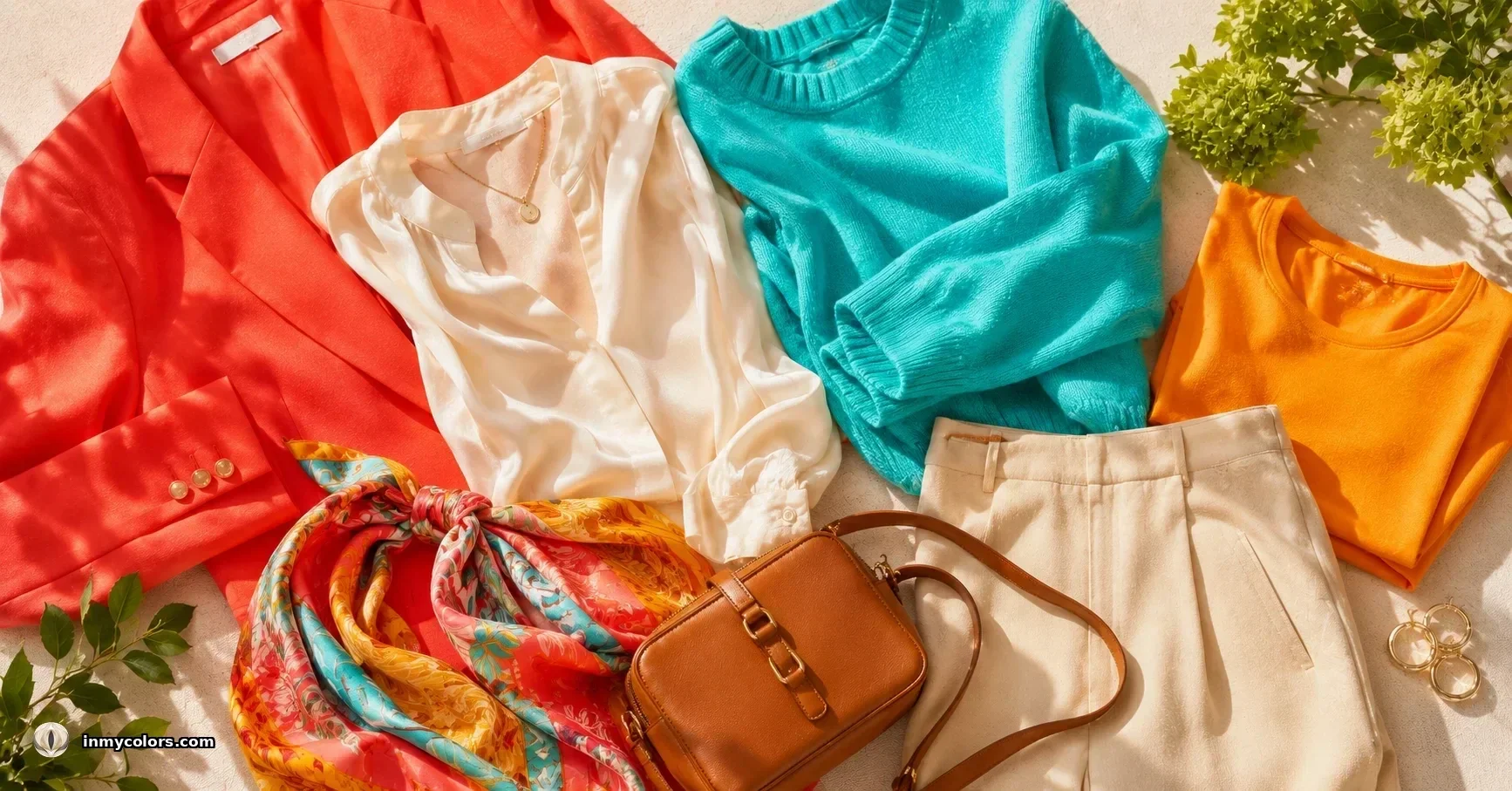 Bright Spring wardrobe capsule — vivid warm coral, clear turquoise and warm golden pieces
