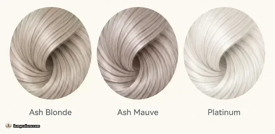 Hair colours to avoid for Bright Spring season: ash blonde, cool brown, platinum, blue-black swatches