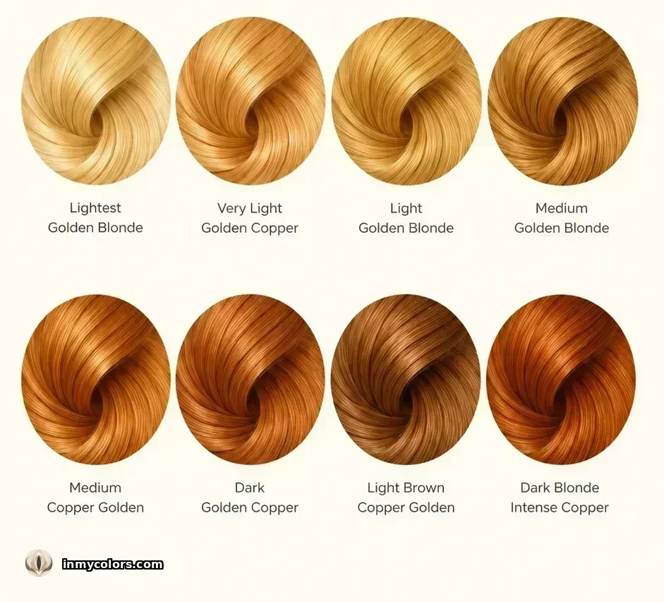 Recommended hair colour swatches for Bright Spring: golden blonde, honey, copper, warm strawberry, warm brown