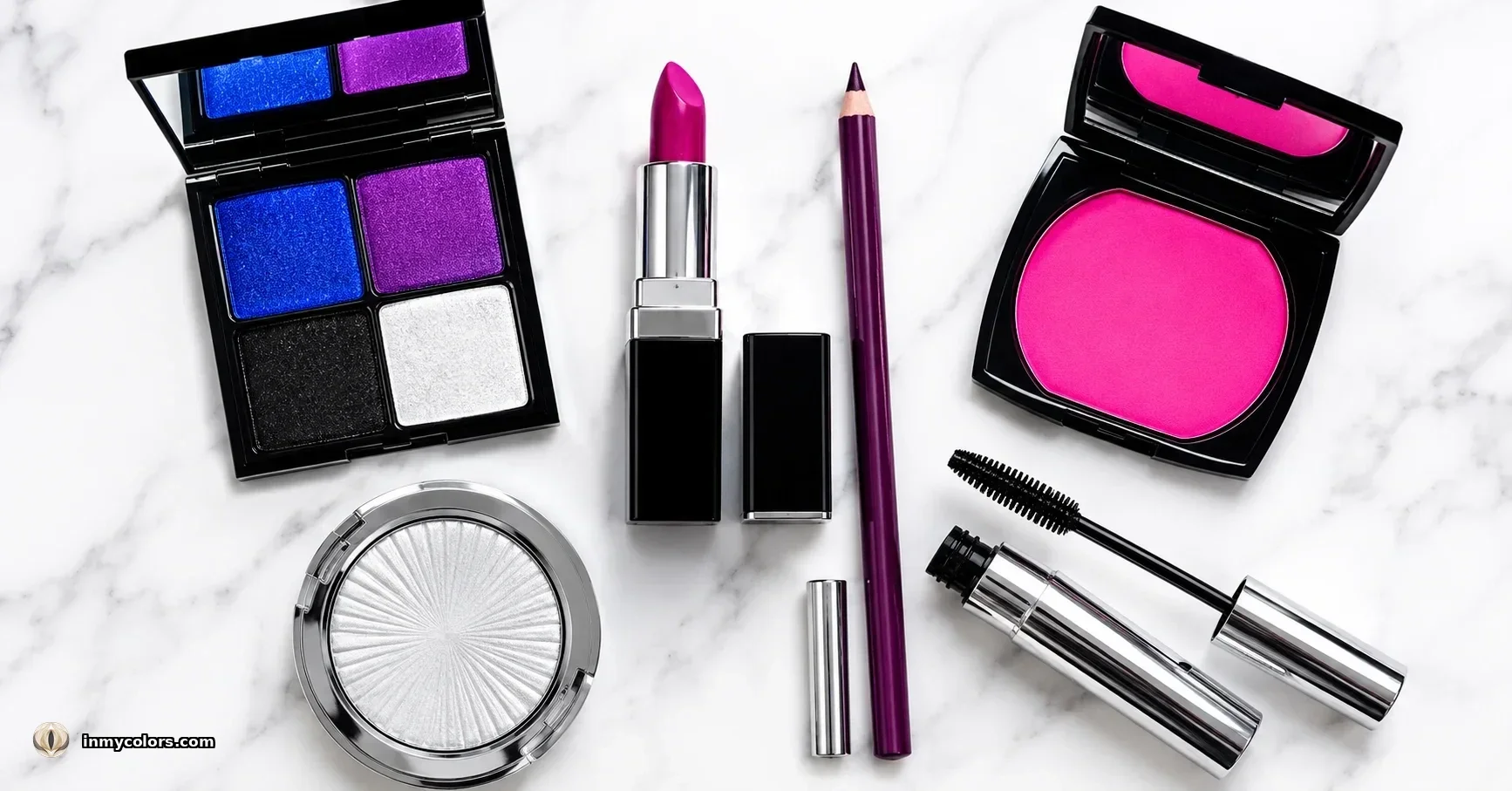 Bright Winter makeup products flatlay — vivid fuchsia and cool red lipsticks, electric blue eyeliner, vivid cool rose blush, cool-toned foundation, silver highlight, black mascara