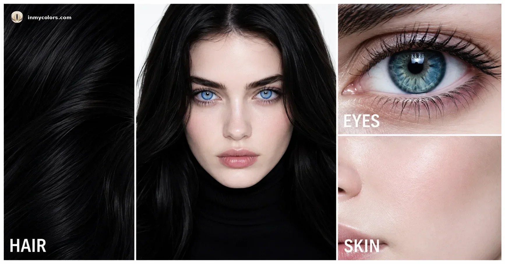 What makes a Bright Winter — portrait with near-black hair, vivid electric blue or blue-green eyes, and fair-to-medium cool luminous skin, with high natural contrast