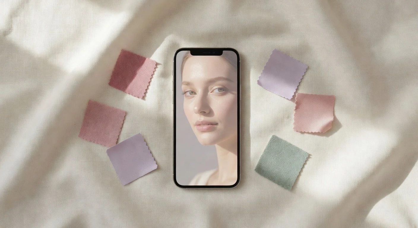 Find your colour season — In My Colors app on phone screen surrounded by seasonal fabric swatches in mauve, dusty rose, sage green and lavender