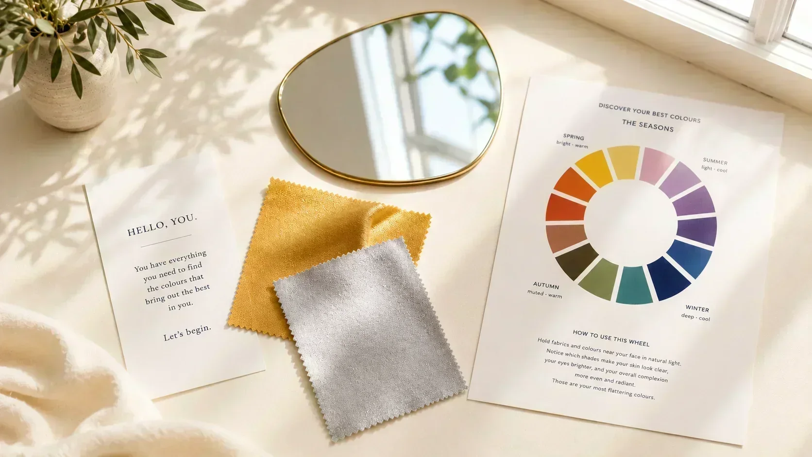 DIY colour analysis kit flatlay — mirror, fabric swatches, and season colour wheel for at-home analysis