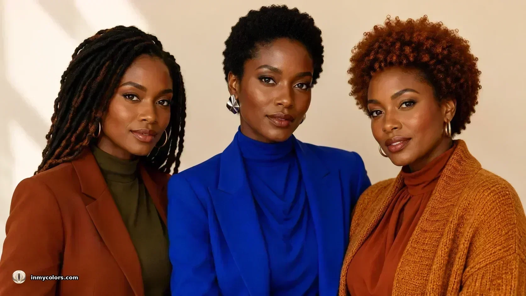 Colour analysis for deep skin tones — warm Autumn terracotta, cool Winter cobalt, Dark Autumn rust seasonal outfits