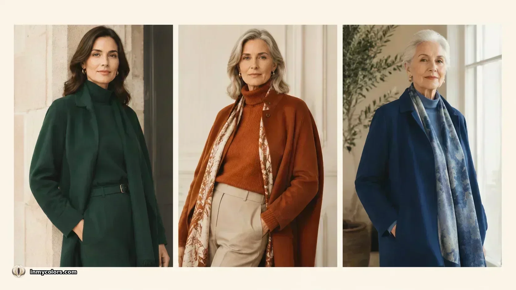 Three women at different ages wearing seasonal colours — forest green coat, rust orange knitwear, cobalt blue coat