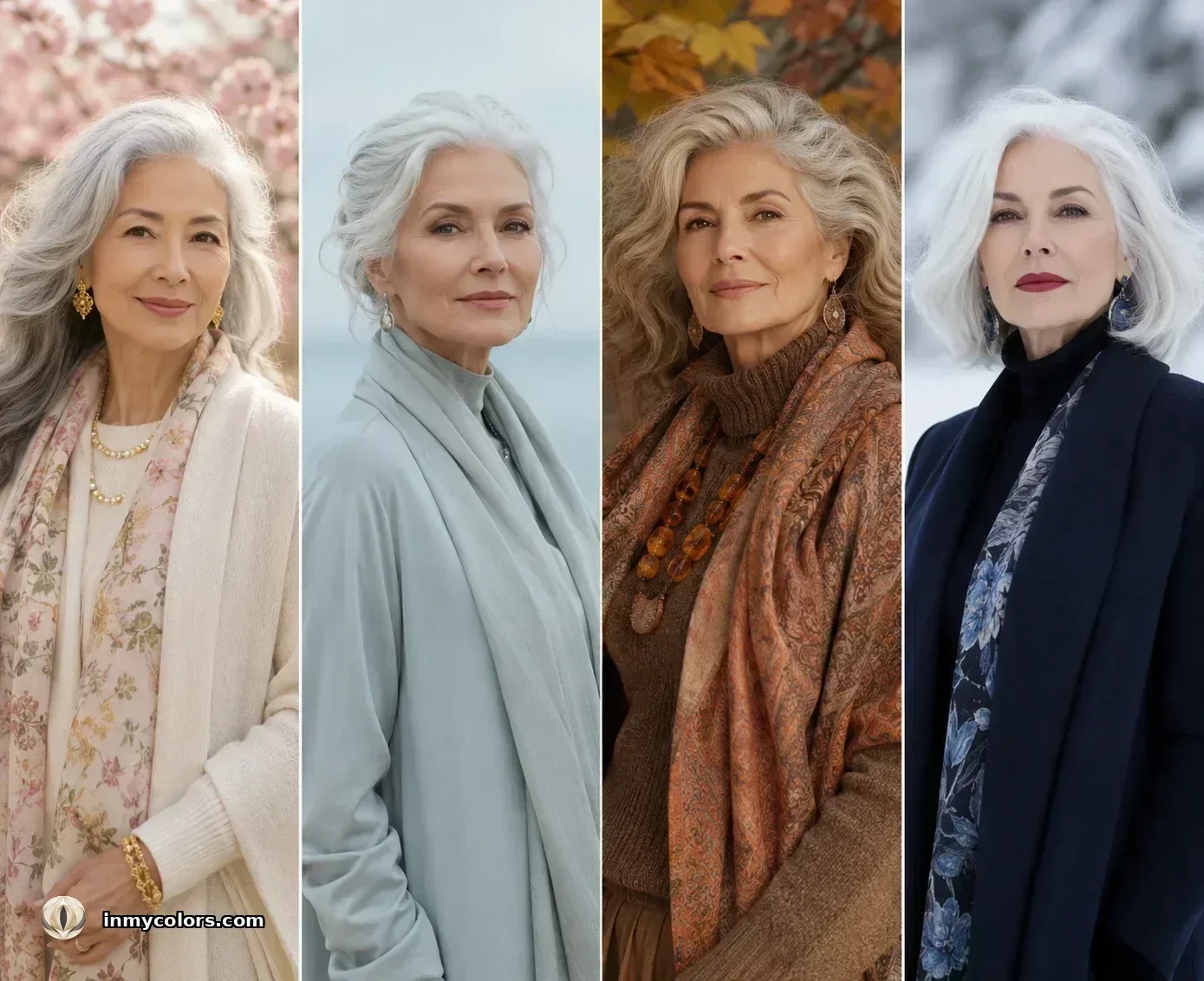 Four mature women representing all four colour seasons — Spring floral, Summer sage, Autumn copper, Winter navy