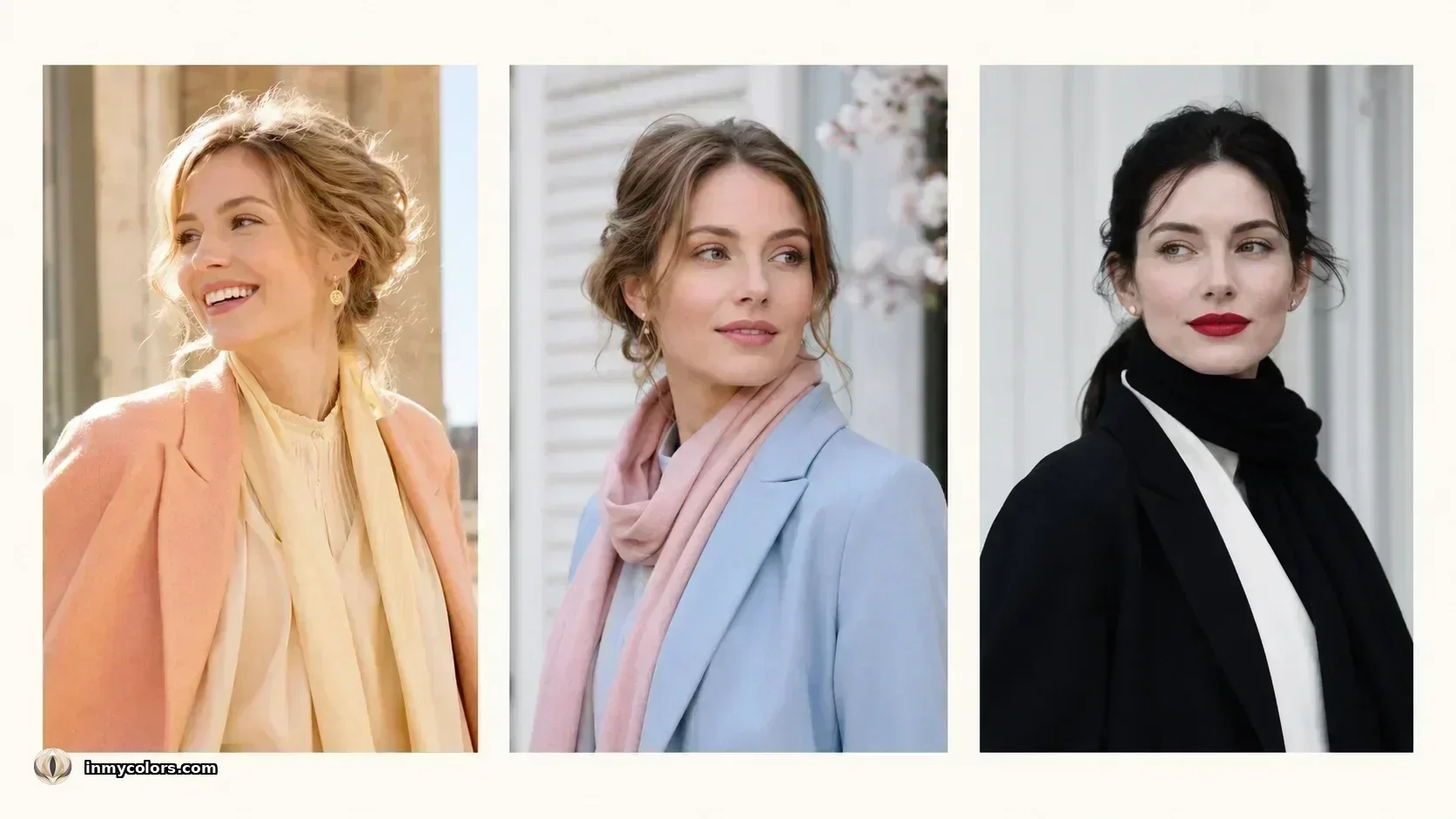 Colour analysis for fair skin — Spring peach, Summer powder blue, Winter black and white seasonal looks compared