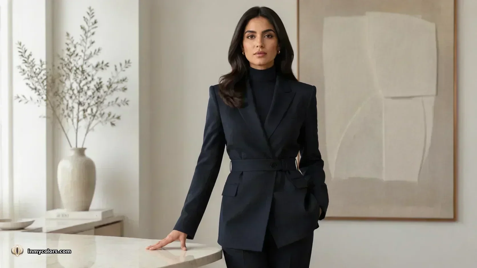 Professional woman in a structured navy double-breasted suit standing confidently in a minimal office setting