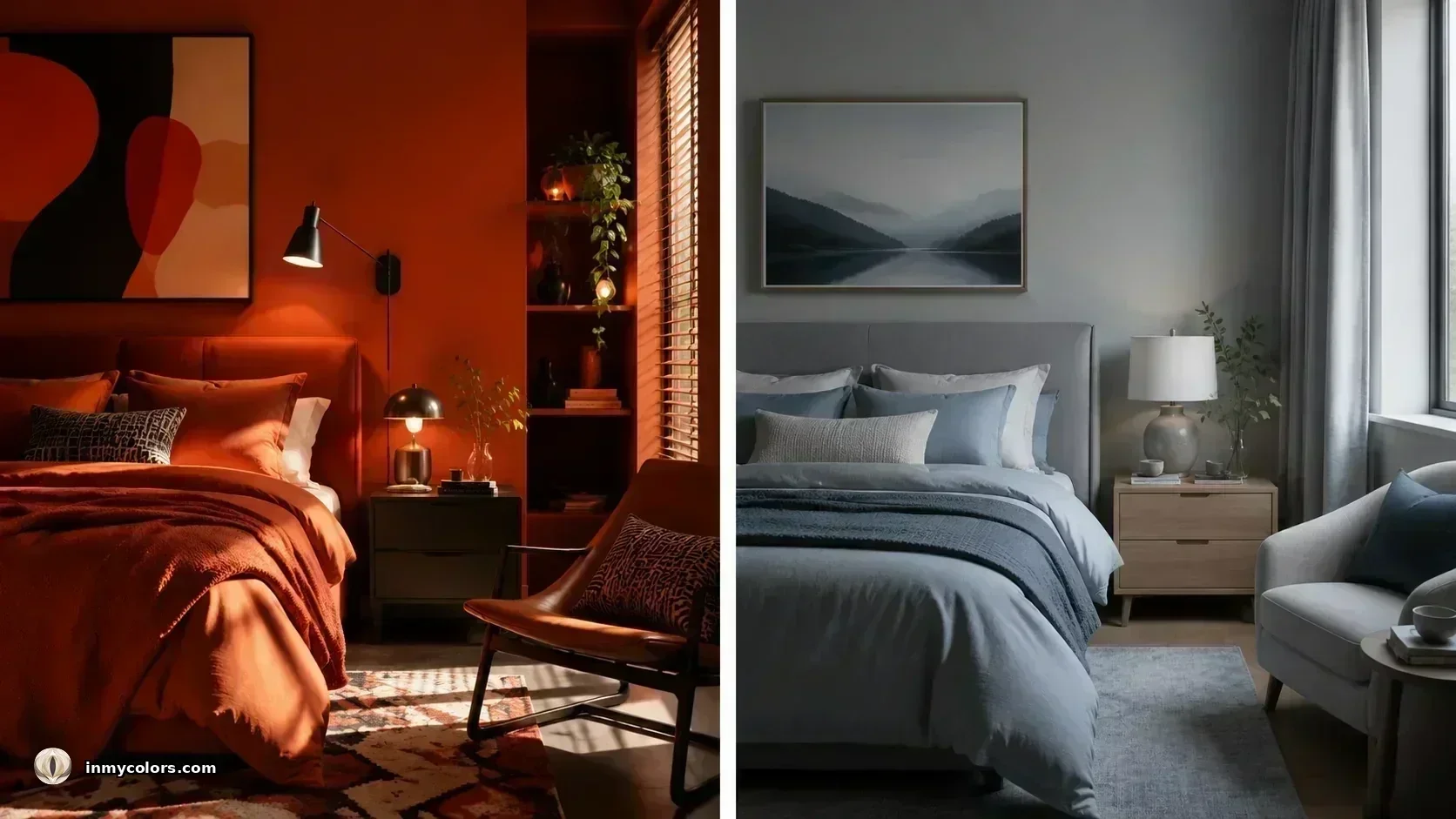 Bedroom interior comparison: warm terracotta tones vs cool grey-blue — colour psychology effects on sleep and relaxation