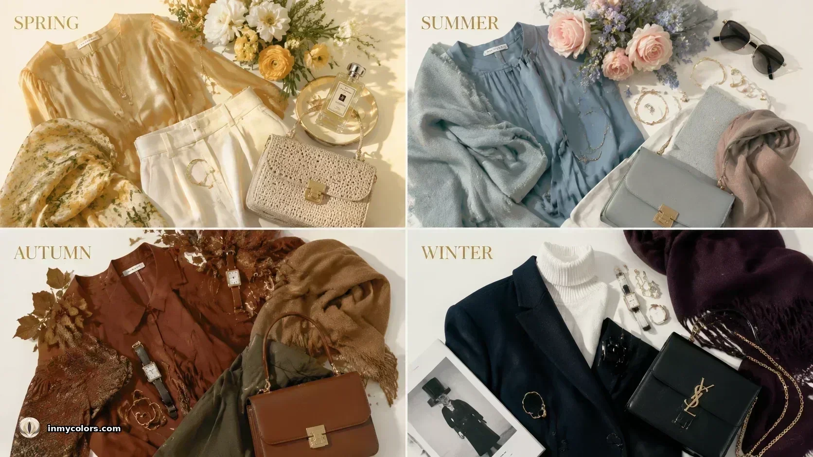 Fashion flatlay showing four colour seasons: Spring in warm gold florals, Summer in cool blue, Autumn in rich brown, Winter in dark navy