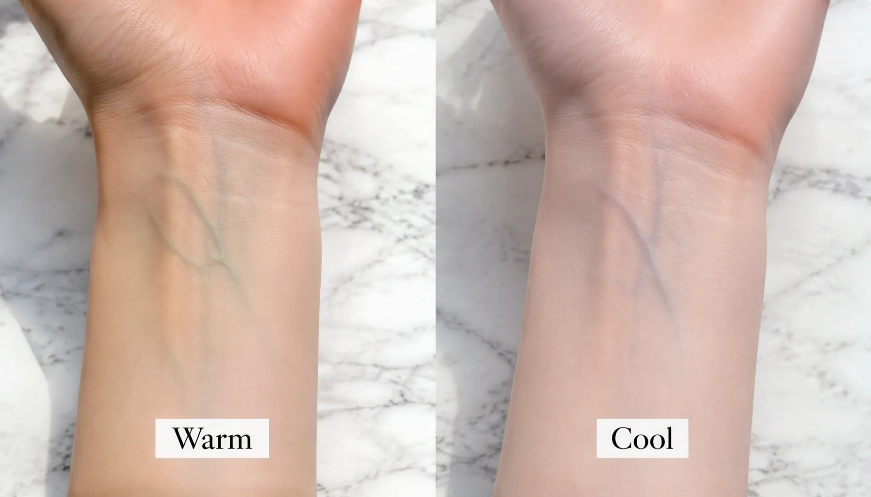 Wrist vein colour test for warm vs cool skin undertone — green veins indicate warm, blue-purple indicate cool