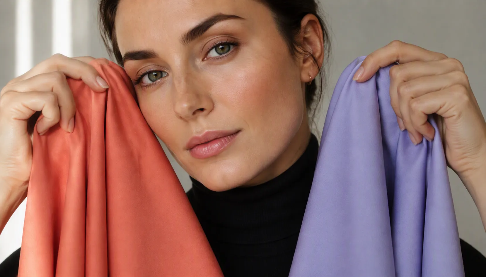 Seasonal colour draping test comparing warm and cool fabric swatches held against the face