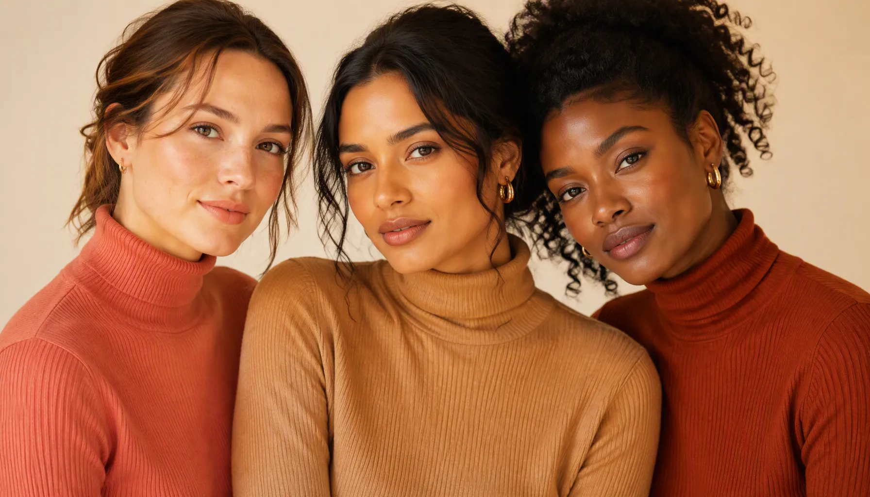 Women with warm spring and autumn seasonal colouring in warm earth tone outfits