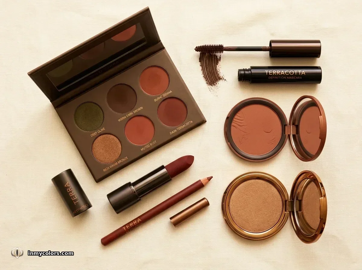 Deep Autumn makeup flat-lay — deep olive and warm dark brown eyeshadow palette, dark burgundy lipstick, dark rust lip liner, terracotta-bronze blush, dark brown mascara, bronze compact