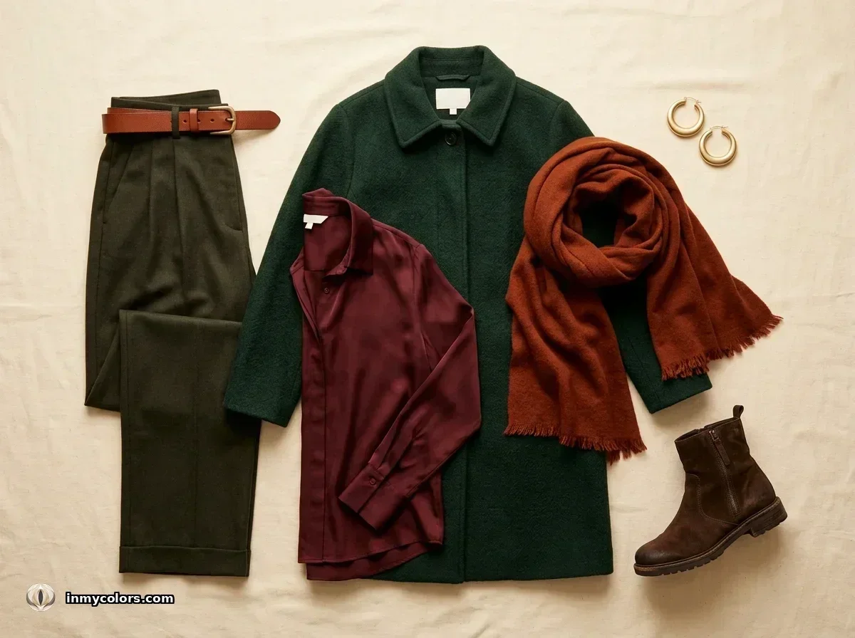 Deep Autumn wardrobe capsule flat-lay — forest green wool coat, burgundy silk blouse, dark olive trousers, rust scarf, tan leather belt, gold hoop earrings, dark brown suede boot