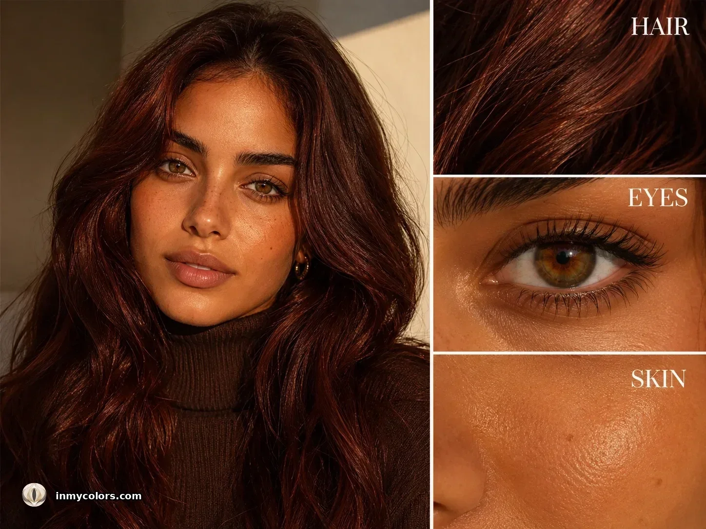 What makes a Deep Autumn — portrait with deep warm auburn hair, warm hazel-amber eyes, and warm golden-olive skin, plus close-ups of HAIR, EYES, SKIN