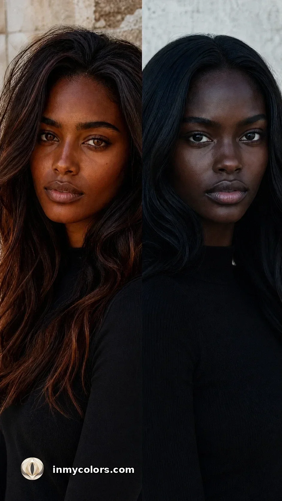 Two deep-skinned women side by side — warm golden-brown undertone with amber eyes and auburn-highlighted hair (Dark Autumn) on the left, cool blue-black hair and cool deep skin with dark eyes (Dark Winter) on the right