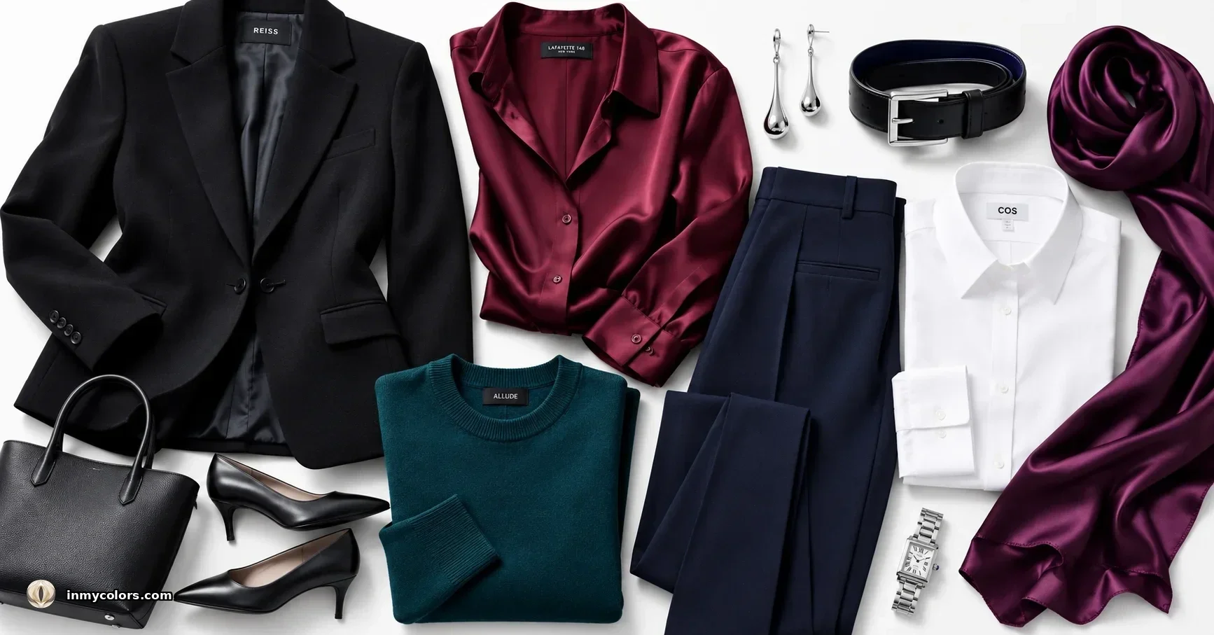 Deep Winter wardrobe capsule flatlay — deep navy coat, rich burgundy blouse, cool black trousers, deep teal silk scarf, silver jewellery, deep plum accessory