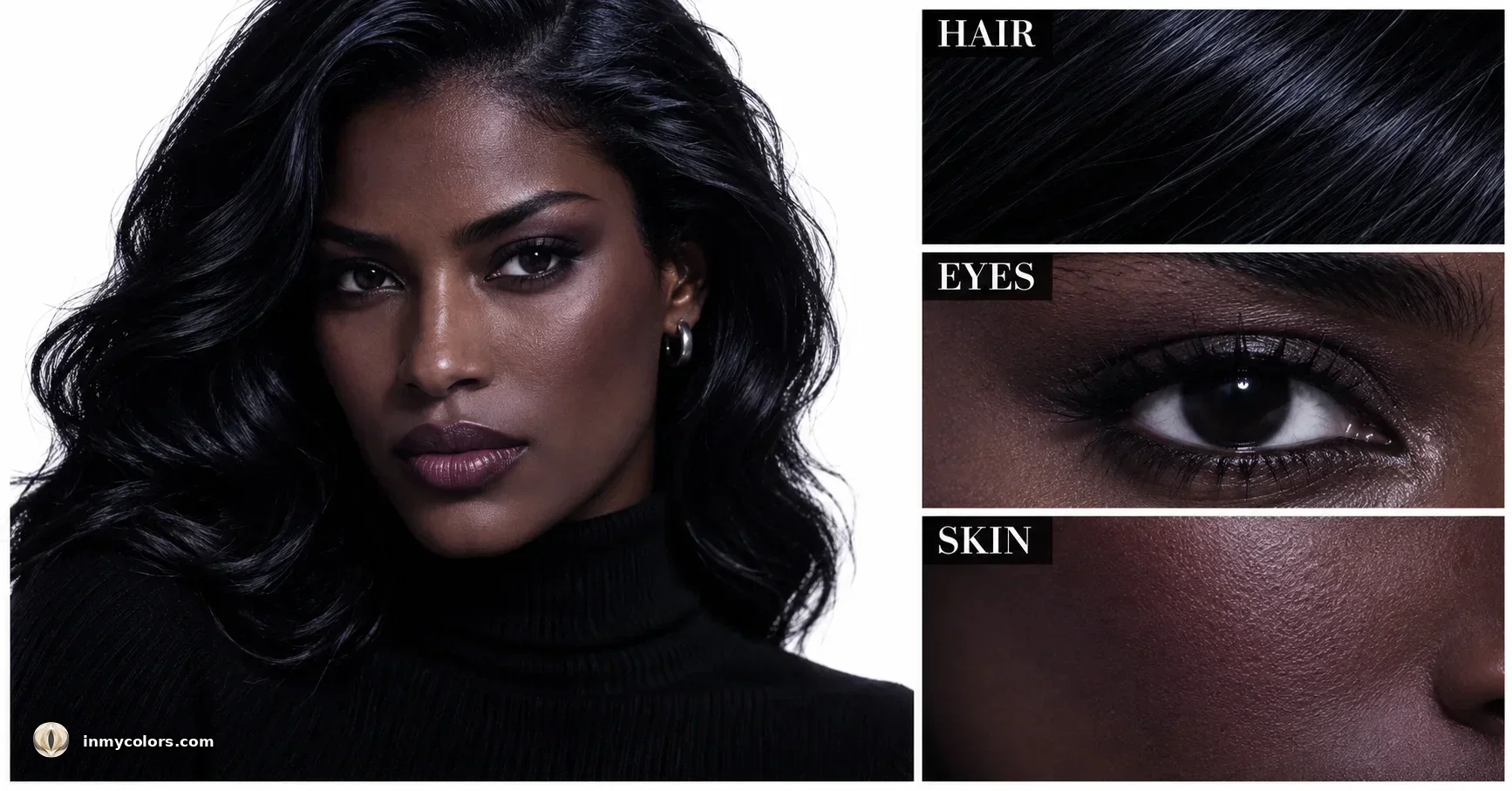 Dark Winter colouring — cool deep skin with near-black hair and dark cool eyes