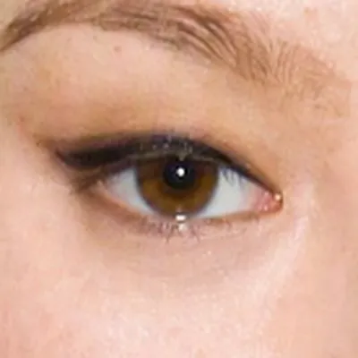 Devon Aoki's eyes — warm dark, slightly muted, Soft Autumn quality