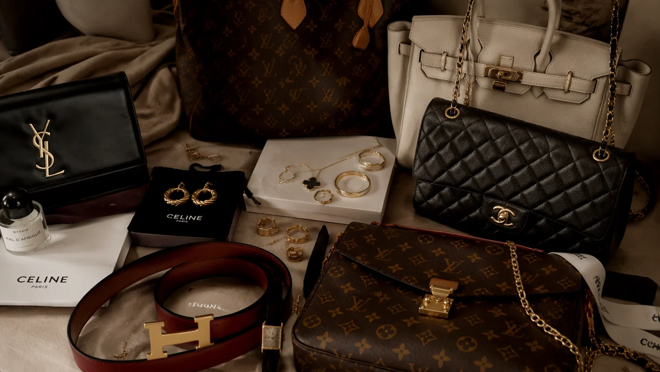 Luxury accessories flat-lay — gold earrings, necklaces, rings, designer handbags and belts showing how accessory scale and shape complement your face shape