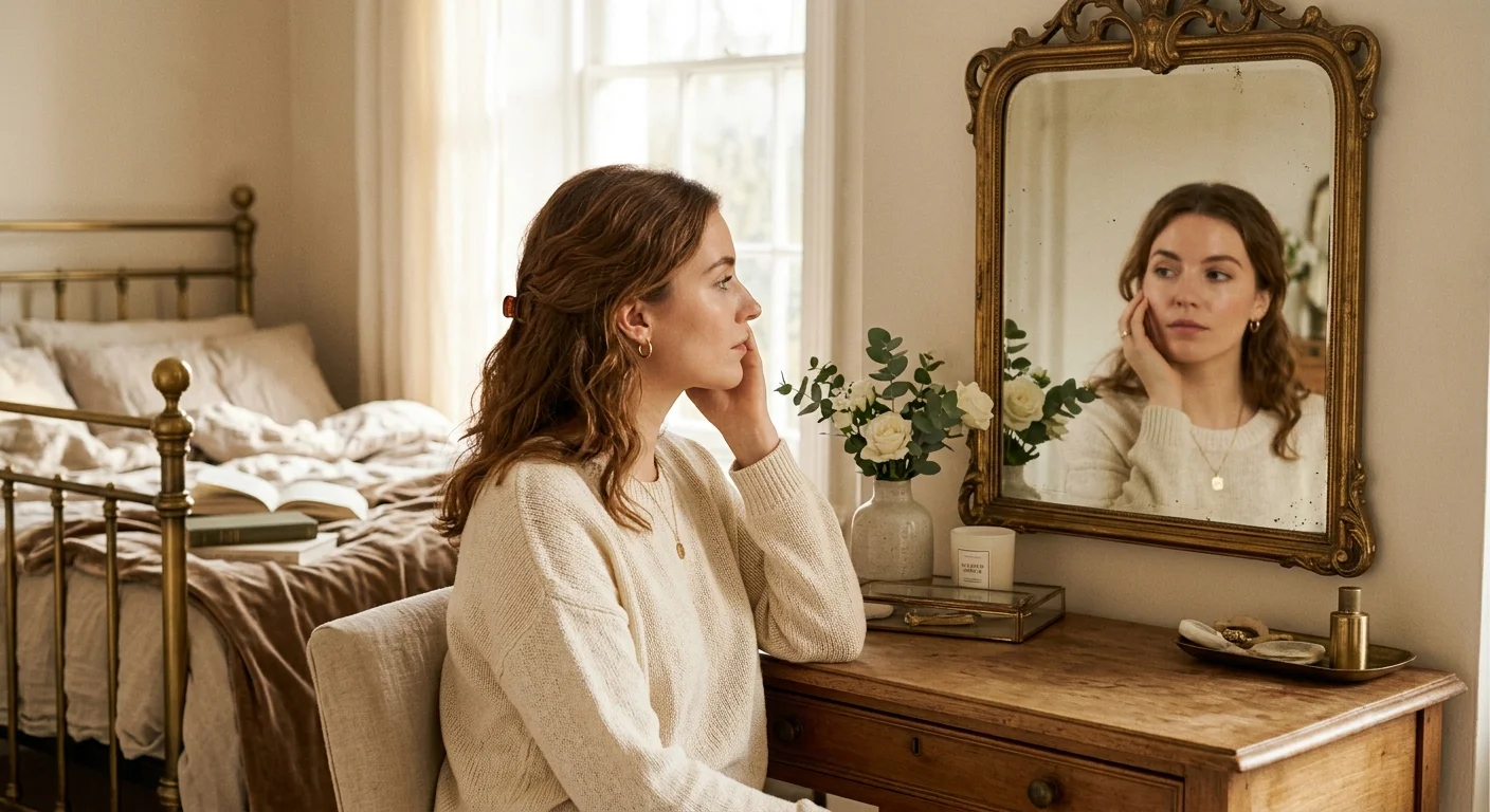 Woman studying her face in a gilt mirror — learning blusher placement for her face shape