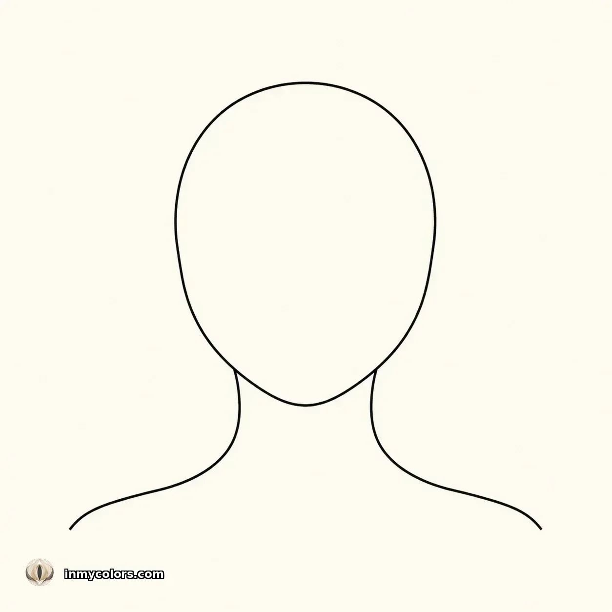 Round face shape outline diagram — soft curves, similar face width and length, full cheeks